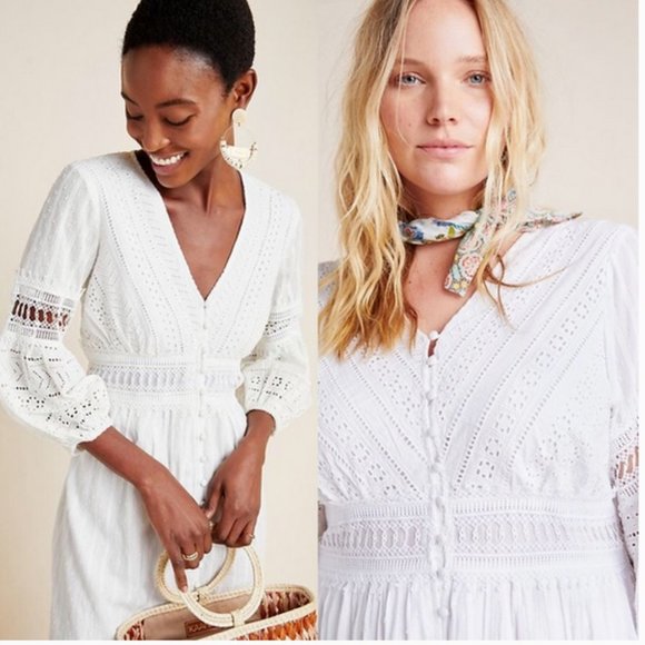 SOLD ANTHROPOLOGIE Eyelet Midi Dress White sz 6 - Picture 3 of 11